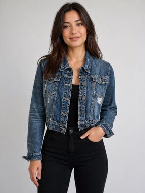 rue21 Cropped Denim Jacket Distressed Blue Jean Jacket Size Small